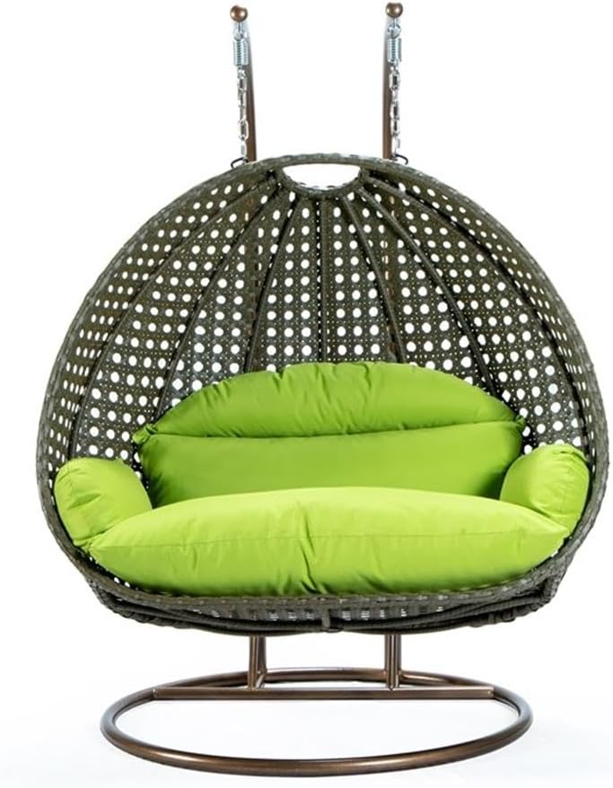 LeisureMod 2 Person Wicker Egg Chair Outdoor Indoor Bedroom Patio Hanging Lounge Swing Hammock Chairs with Beige Stand and UV Resistant Cushions (Light Green)