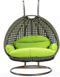 LeisureMod 2 Person Wicker Egg Chair Outdoor Indoor Bedroom Patio Hanging Lounge Swing Hammock Chairs with Beige Stand and UV Resistant Cushions (Light Green)