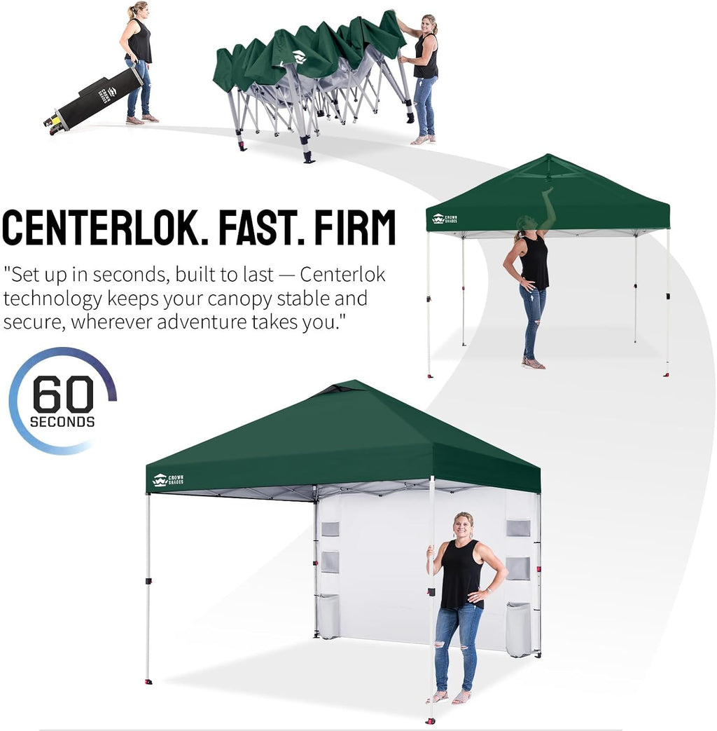 CROWN SHADES Canopy Tent 10x10 Pop Up Canopy Outdoor Shade with Pockets Sidewall, Easy Up Sun Shelter with One Person Set Up Center Lock, Portable Instant Camping Beach Canopy Tents, Forest Green