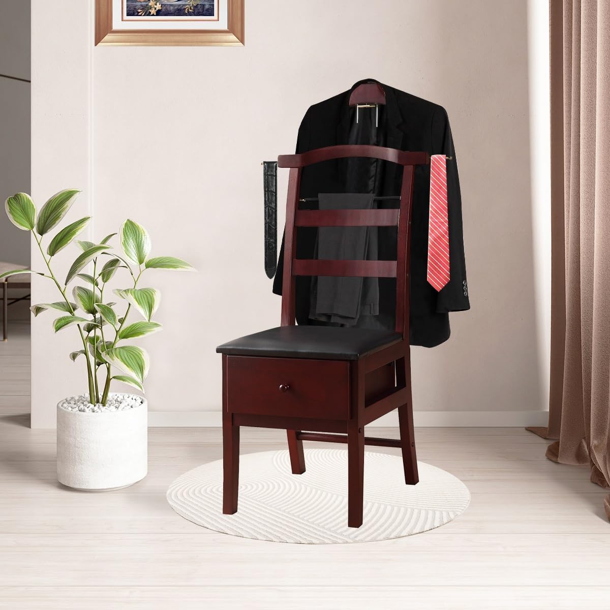 Wooden Suit Valet Stand with Contour Hanger Chair Valet with Drawer Trouser Bar and Tie & Belt Bar Freestanding Clothes Valet Stand Organizer Storage for Men and Women(Dark Brown)