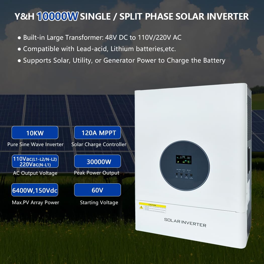 Y&H 10000W Solar Inverter 48V to 120V/240V Split-Phase Mains-Frequency Hybrid Inverter, 30000W Surge Power, Dual 120A MPPT Controllers, Solar & AC Dual Input,Off-Grid Home & Commercial Backup System