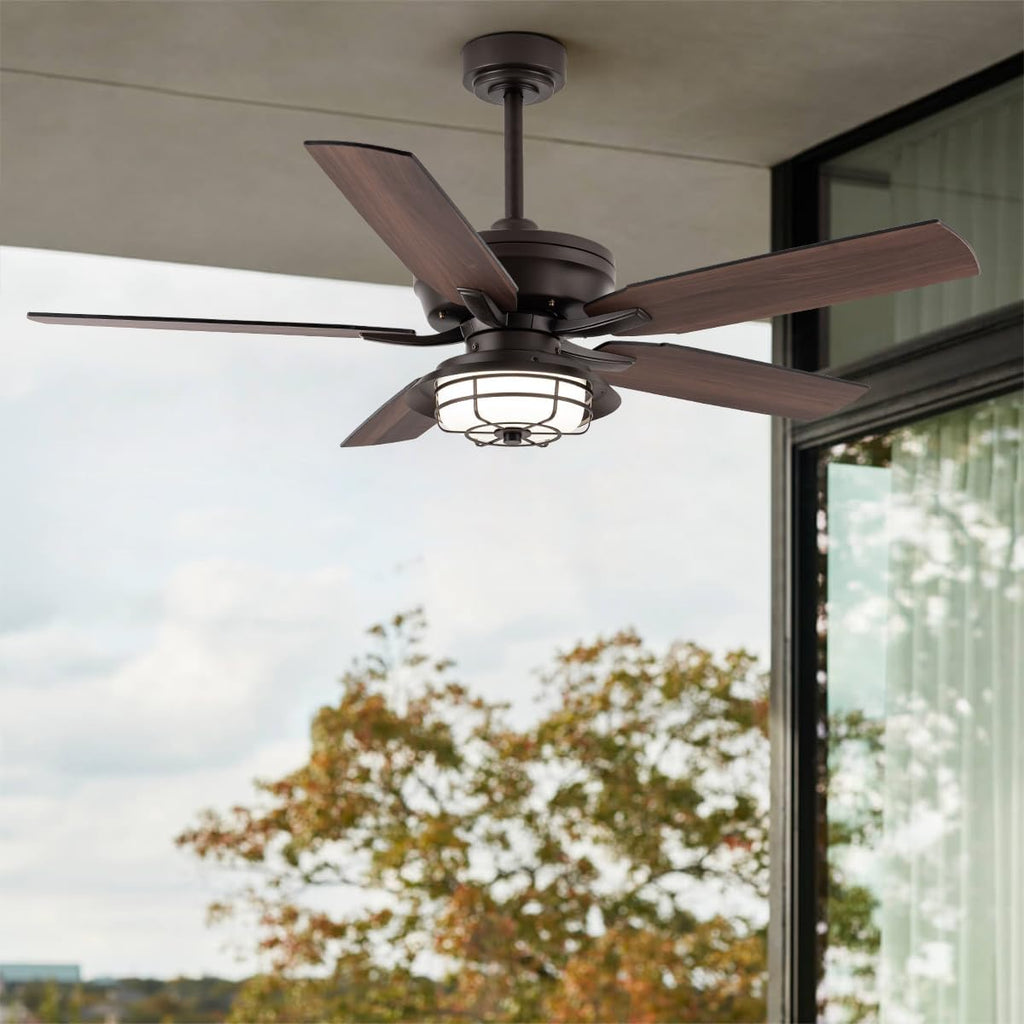 NORFOLK Outdoor Ceiling Fans with Lights and Remote, Waterproof 52 Inch Ceiling Fan with 3 Color LED Light for Patios, Gazebos, and Indoor, Wet Rated Farmhouse Modern Style