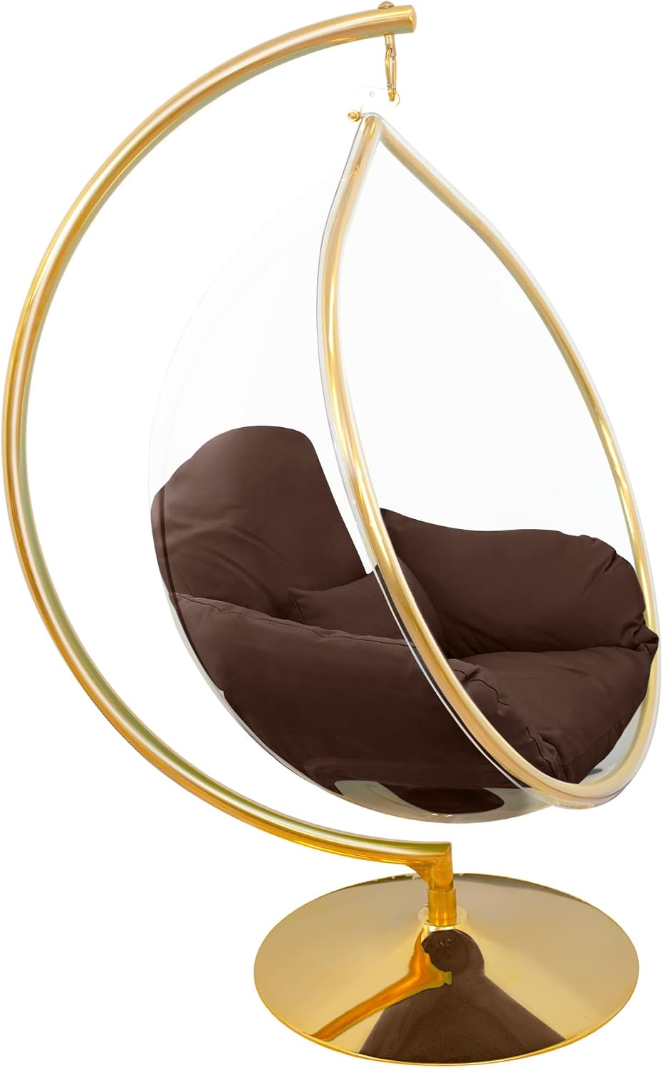 Hanging Chair - Transparent Acrylic Bubble, Waterdrop Shape, Indoor Swing Chair with Gold/Chrome Stand, Durable Fabric Cushion - Luxury Accent for Living Room, Bedroom (Gold/DarkCoffee)