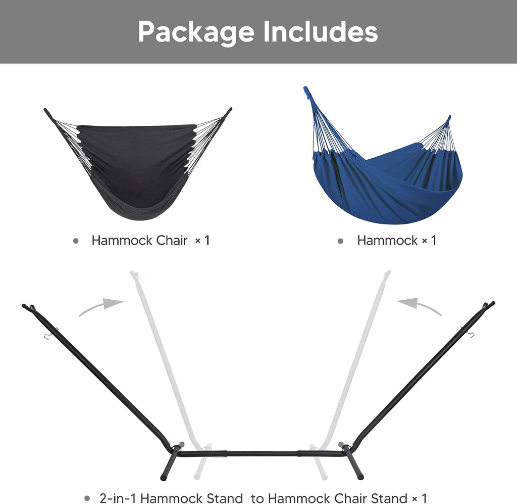 SUNCREAT 2-in-1 Convertible Backyard Fabric Hammock with Stand, Large Hammocks for Outside, Dark Blue