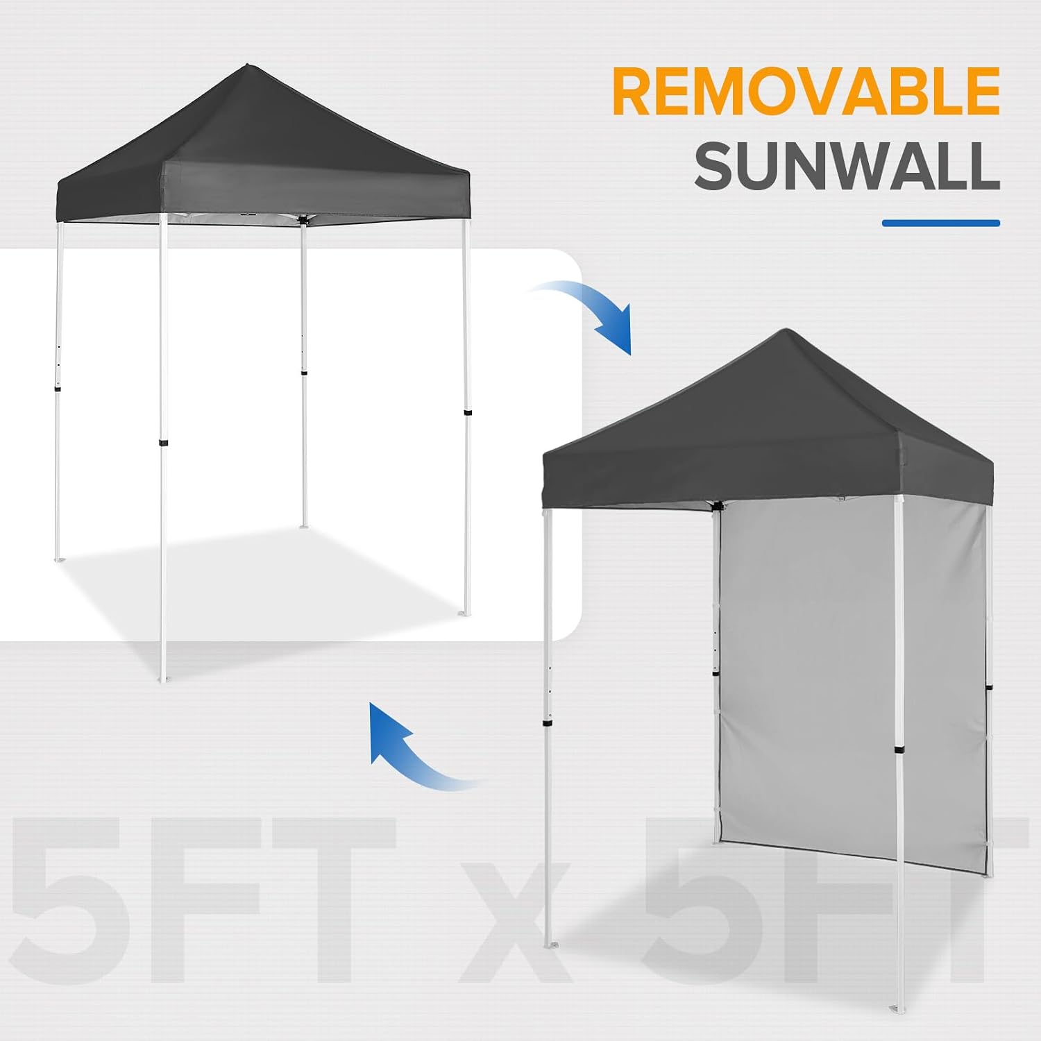 EAGLE PEAK Pop up Canopy 5x5, Outdoor Portable Canopy Tent with One Removable Sunwall, Carry Bag Included, Gray