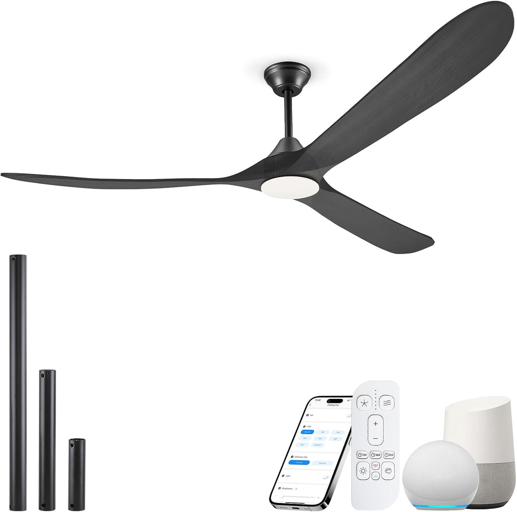 70 Inch Smart Ceiling Fan with Light, 3 Wood Blade Large Black Ceiling Fan with Light, Quiet Reversible DC Motor Ceiling Fans with Remote/Tuya App, Compatible with Alexa Google Home, Indoor & Outdoor