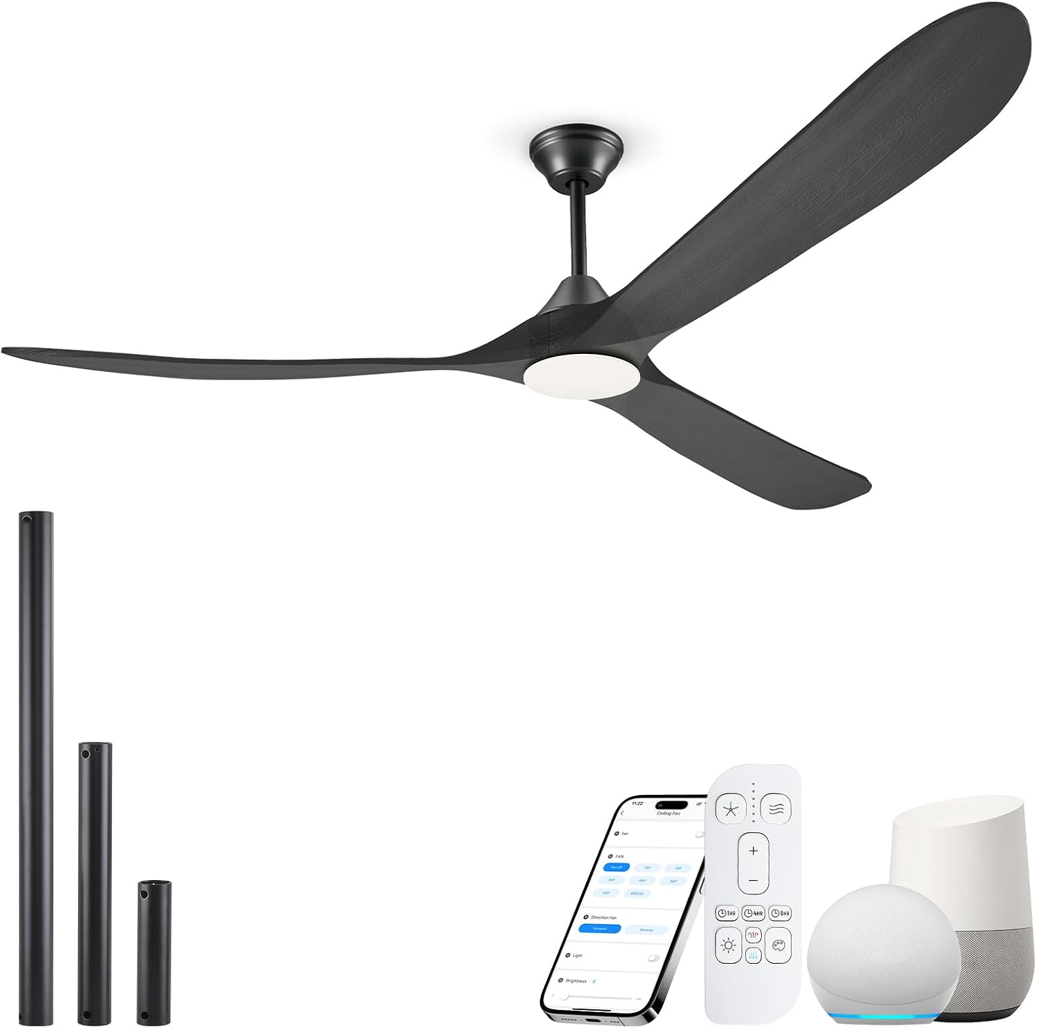 70 Inch Smart Ceiling Fan with Light, 3 Wood Blade Large Black Ceiling Fan with Light, Quiet Reversible DC Motor Ceiling Fans with Remote/Tuya App, Compatible with Alexa Google Home, Indoor & Outdoor