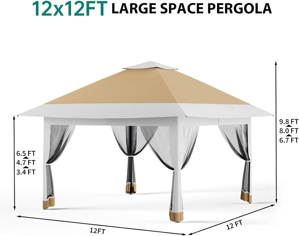 GarveeTech Pop Up Gazebo 12x12 ft Canopy Tent with Mosquito Netting, Outdoor Patio Gazebo with 3 Adjustable Heights, Tent Shelter Quick Setup Backyard Tent for Party,Wedding (Khaki)
