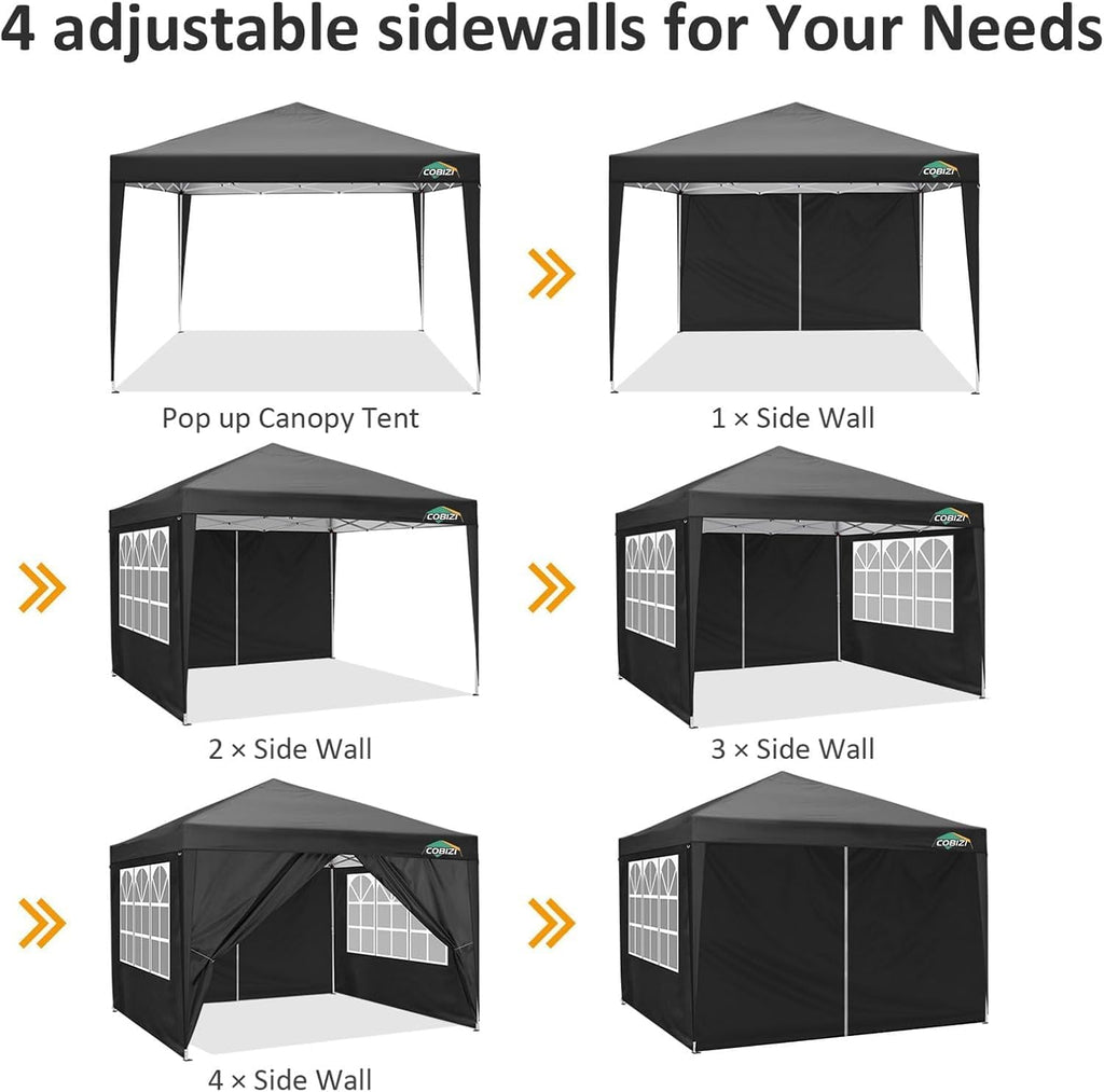 COBIZI 10x10 Pop Up Canopy Tent with 4 Removable Sidewalls, Waterproof Outdoor Commercial Easy Set Up Gazebo Tent Canopy Tents for Party/Exhibition/Picnic with Carry Bag,8 Stakes & 4 Ropes (Black.