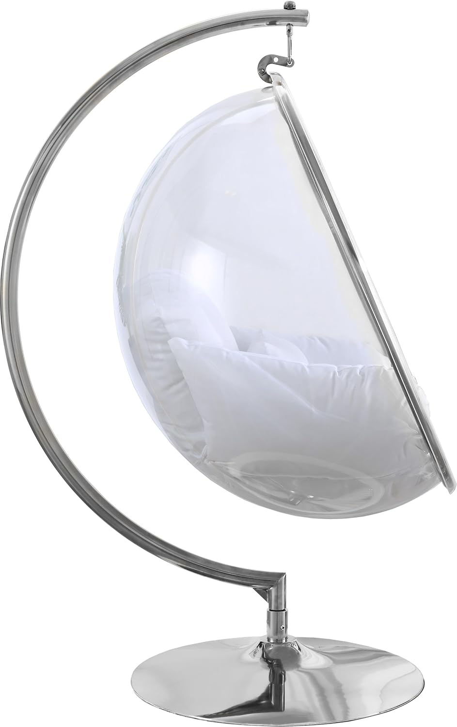Meridian Furniture 507White Luna Collection Modern | Contemporary Clear Acrylic Accent Swing Chair with Durable Metal Base and Fabric Seat, White, Chrome Finish, 41.5' W x 29.5' D x 64' H