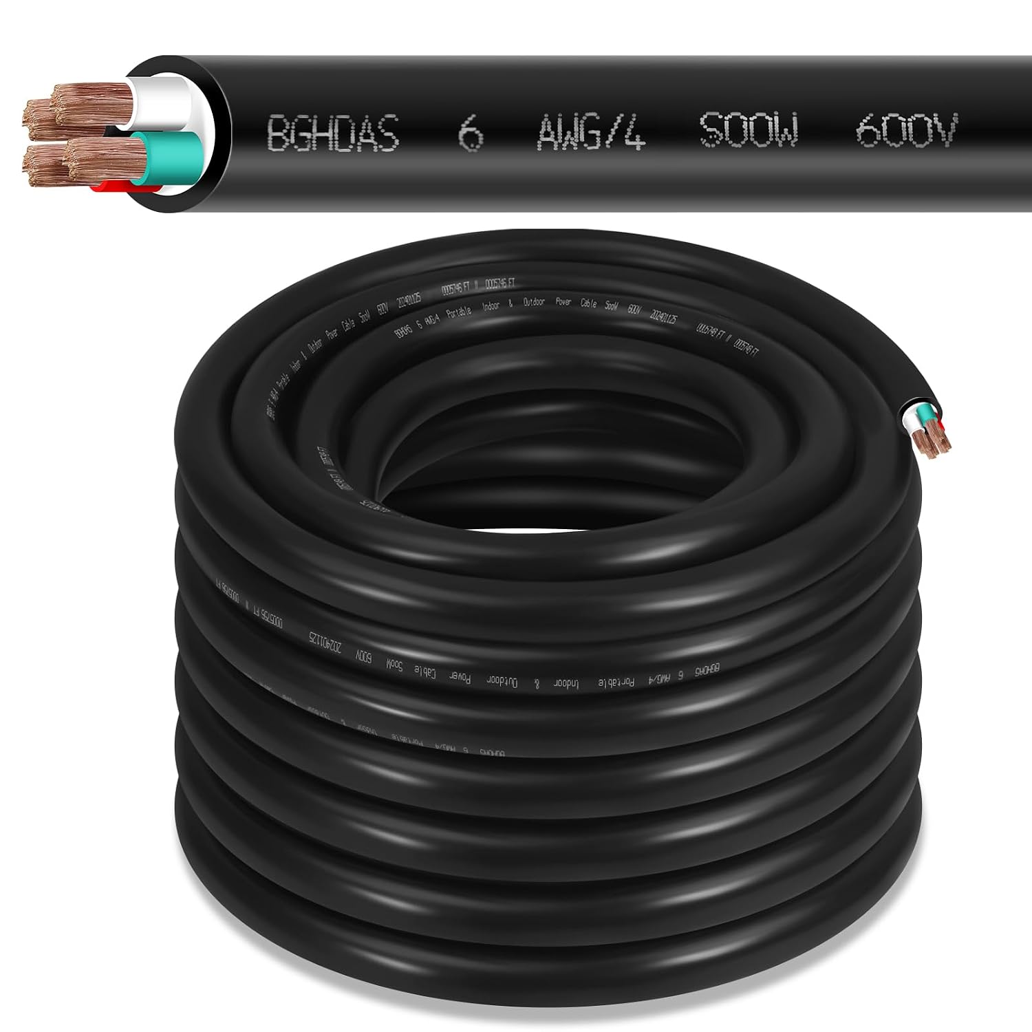 50ft 6/4 6 AWG Portable SOOW Bulk Cable (4 Conductor) - SOOW 600V 6 Gauge Electric Wire for Welder,Generator, Portable Lights, EV Car Chargers,Industrial,Outdoor Use- 50 Feet Electrical So Cord