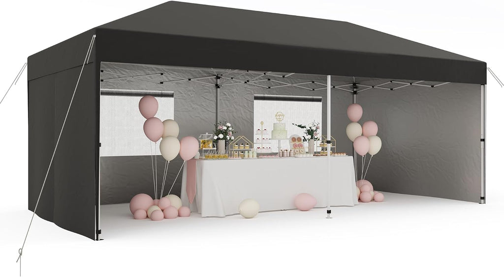 10'x 20' Pop up Canopy Tent, Waterproof Outdoor Party Tent, Portable Instant Commercial Event Gazebo Portable Tent with 4Pcs Sidewalls, 12 Stakes & 6 Sandbags for Backyard Wedding Party, Event, Black