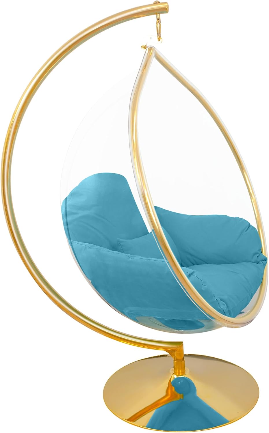 Hanging Chair - Transparent Acrylic Bubble, Waterdrop Shape, Indoor Swing Chair with Gold/Chrome Stand, Durable Fabric Cushion - Luxury Accent for Living Room, Bedroom (Gold/Blue)