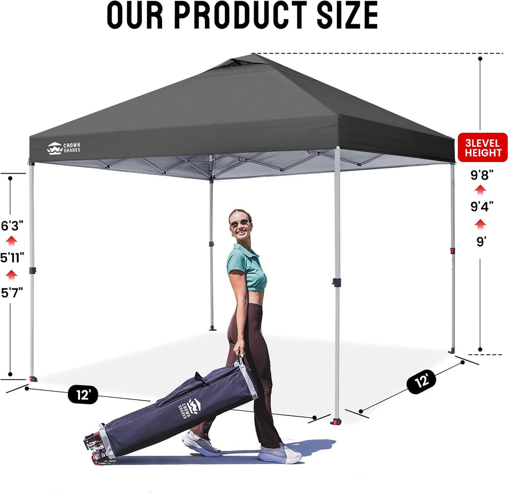 CROWN SHADES 12x12 Pop Up Canopy - Beach Tent with One Push Setup - Easy Outdoor Sun Shade Shelter for Events, Parties - Gazebo with STO-N-Go Cover Bag, Silver Coated Top, Grid Grey