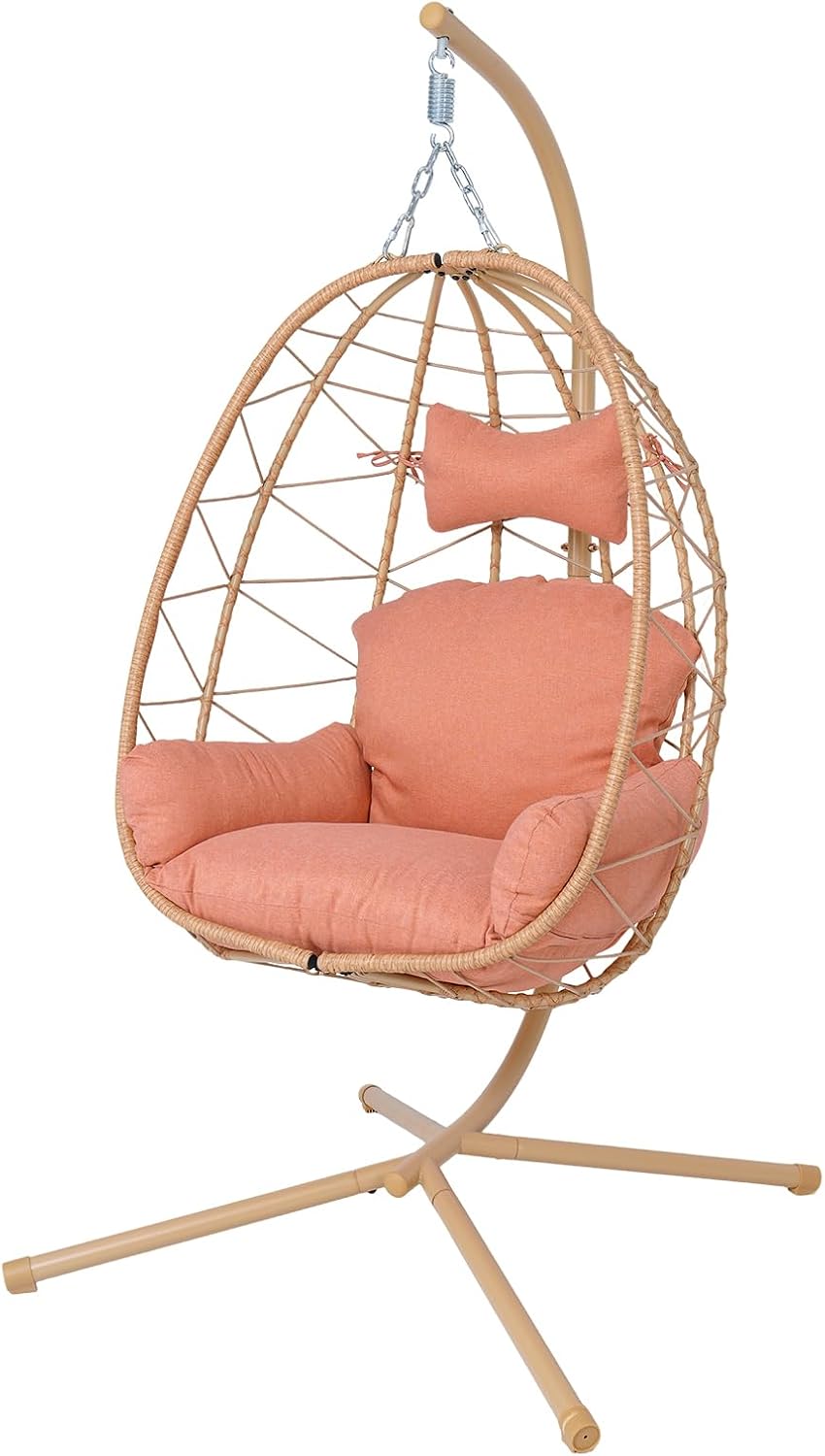 Egg Chair with Stand, Wicker Hanging Chair for Outdoor Patio, Cushioned Hammock Swing for Bedroom Garden Indoor/Outdoor, Double-Zipper Structure Hanging Egg Chair (Yellow and Orange-red)