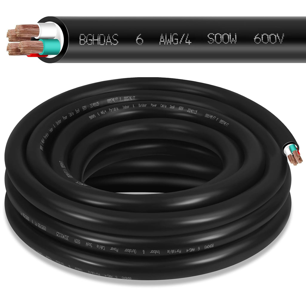10ft 6/4 6 AWG Portable Power SOOW Cable (4 Conductor) - 600V 6 Gauge Electric SOOW Wire for Generator, Portable Lights, RV/EV Car Battery Chargers and Machinery - 10 Feet Electrical Cord