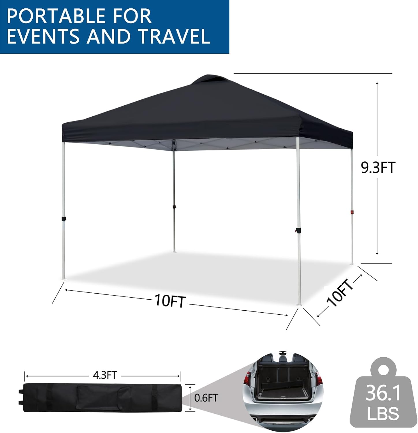 VINGLI 10'x10' Pop Up Canopy Tent with Sandbags & Rolling Bag, Portable Instant Party Tent Waterproof Outdoor Canopy for Outdoor Events, Party, Wedding (Black)