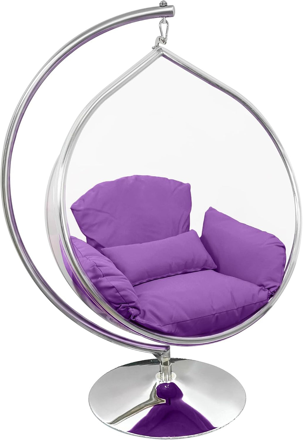 Hanging Chair - Transparent Acrylic Bubble, Waterdrop Shape, Indoor Swing Chair with Gold/Chrome Stand, Durable Fabric Cushion - Luxury Accent for Living Room, Bedroom (Chrome/Purple)