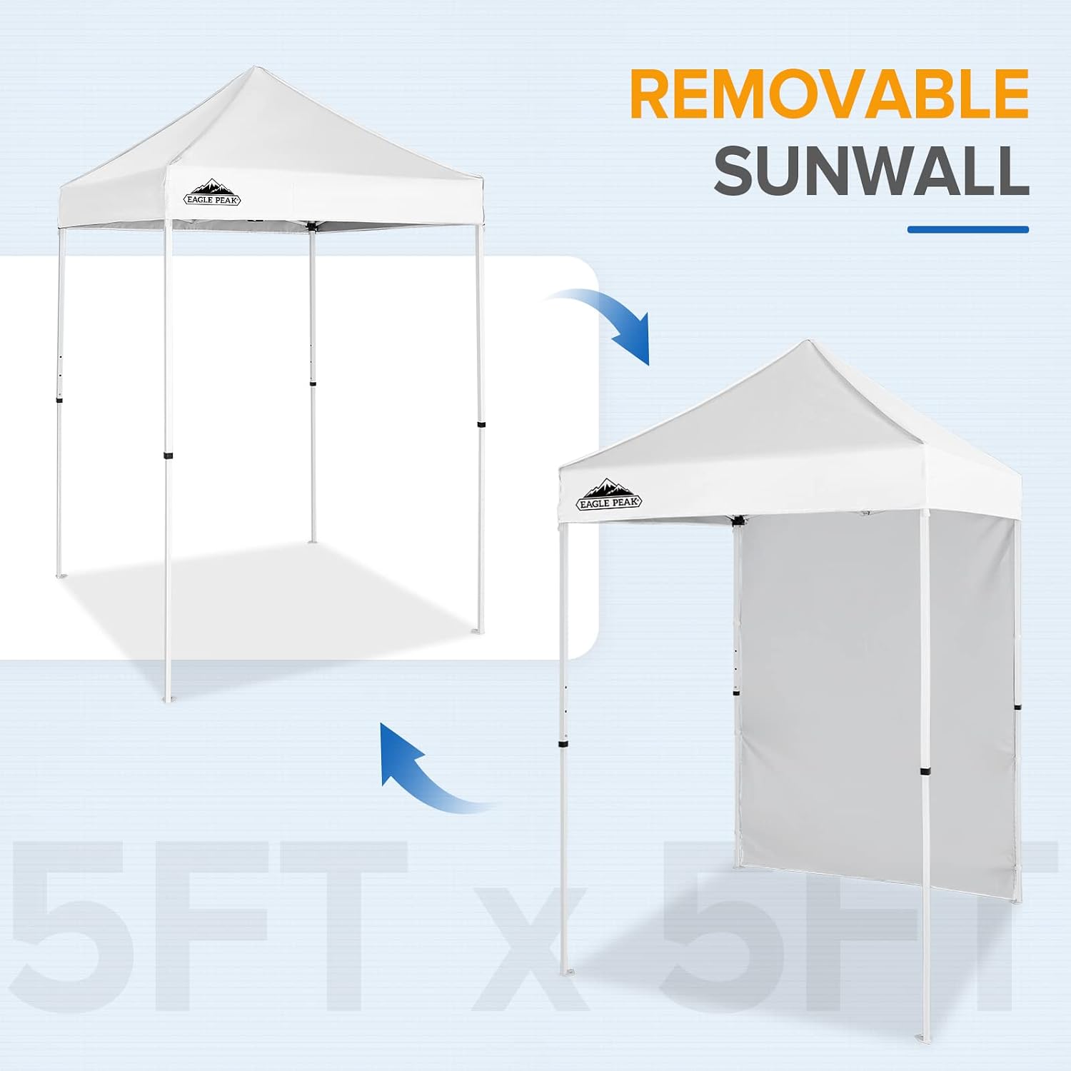 EAGLE PEAK Pop up Canopy 5x5, Outdoor Portable Canopy Tent with One Removable Sunwall, Carry Bag Included, White