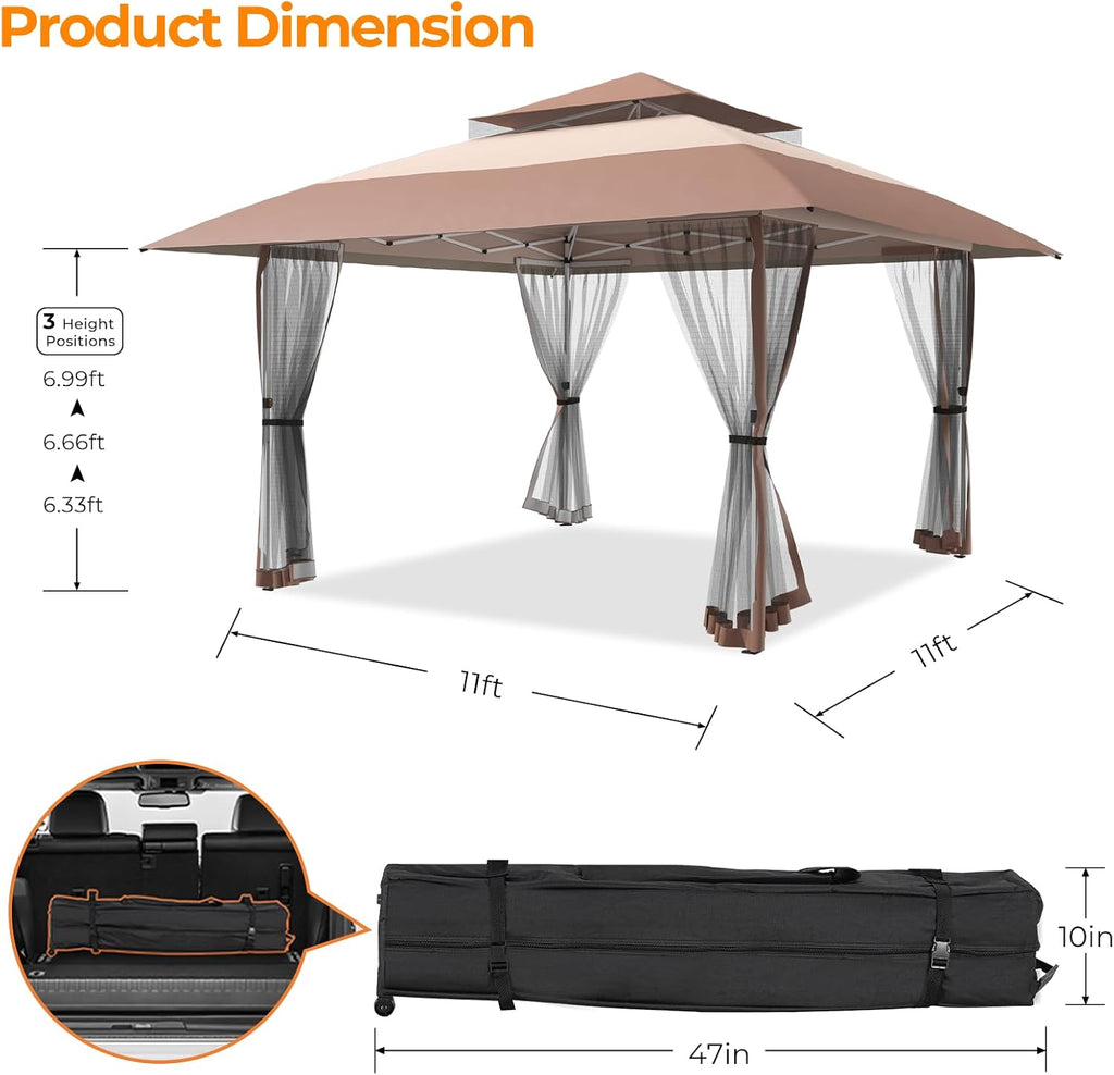 11x11 Pop Up Gazebo Outdoor Canopy Shelter with 4 Sandbags, Instant Patio Gazebo Sun Shade Canopy Tent, Double Tiers & Mesh Netting for Lawn, Garden, Backyard & Deck, Coffee