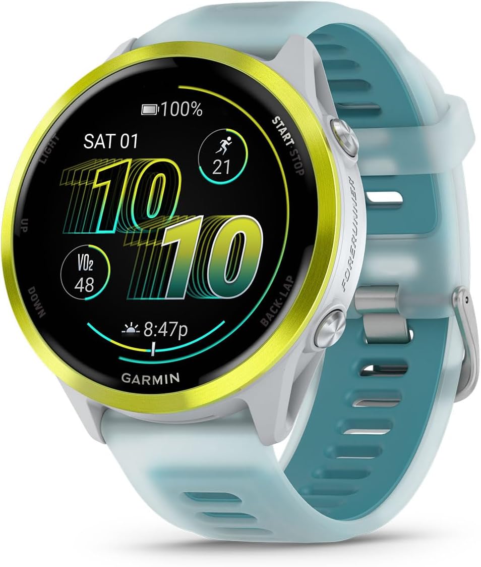 Garmin Forerunner 570 (47 mm, Amp Yellow/Translucent Whitestone/Turquoise) Running GPS Smartwatch - AMOLED Display, Training - Gift Box Bundle w/PlayBetter HD Screen Protectors, Wall Adapter & Case