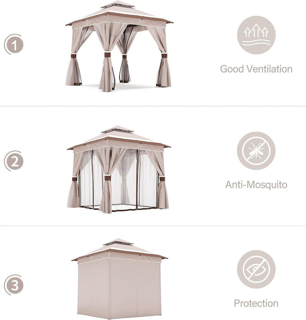 LAUSAINT HOME 8'x8' Outdoor Gazebo with 50FT String Lights, Metal Heavy Duty Patio Canopy Tent with Double Roofs, Mosquito Nettings and Privacy Screens for Backyard, Garden, Lawn, Classic Khaki
