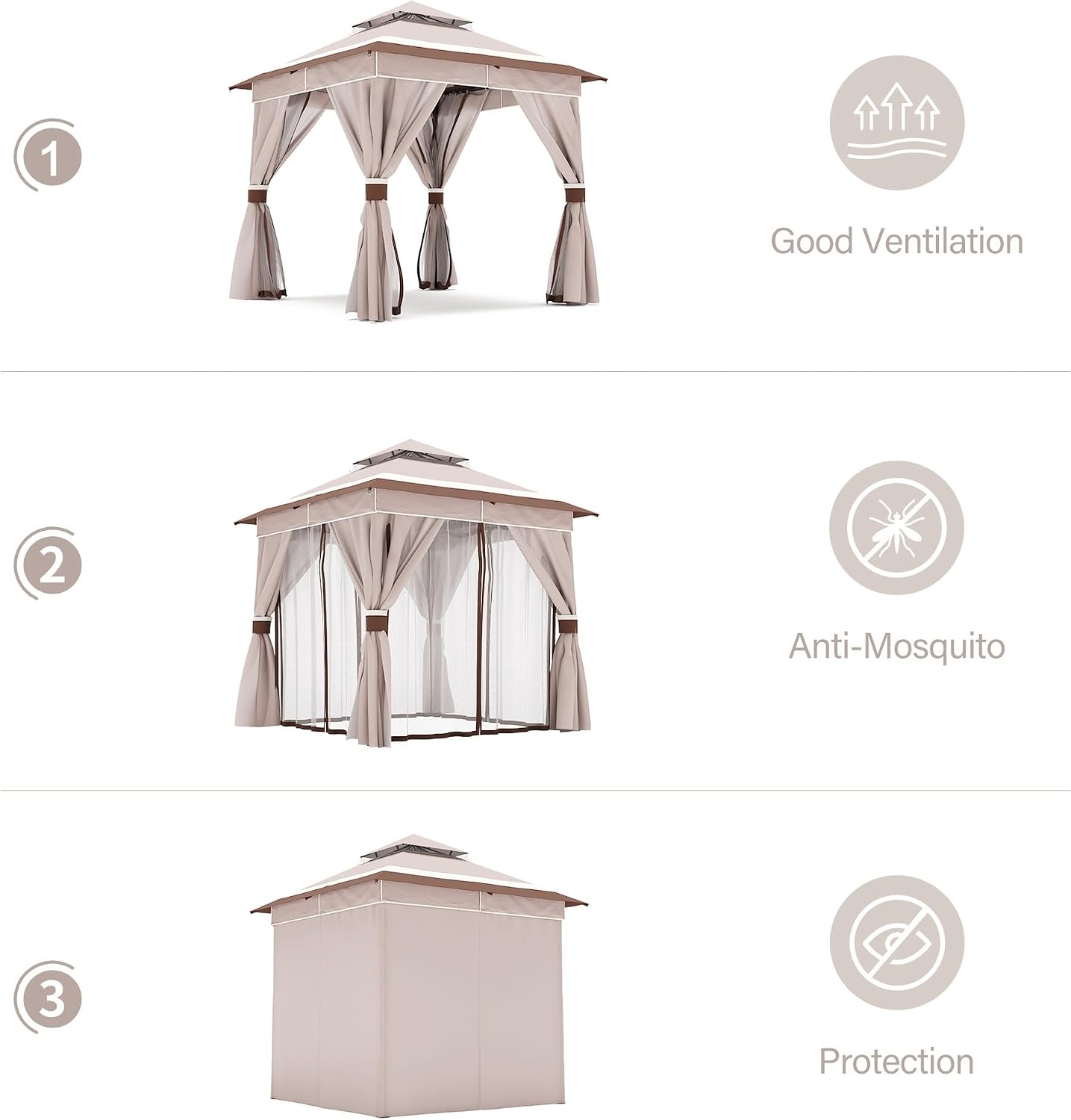 LAUSAINT HOME 8'x8' Outdoor Gazebo with 50FT String Lights, Metal Heavy Duty Patio Canopy Tent with Double Roofs, Mosquito Nettings and Privacy Screens for Backyard, Garden, Lawn, Classic Khaki