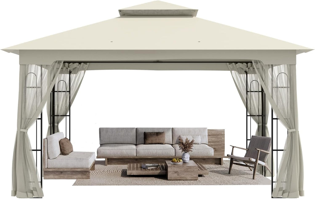 10x12 Outdoor Gazebo Tent with Netting, Double Roof Patio Gazebo with Soft Fabric Top, Outdoor Pavilion for Backyard Patio Garden Lawn, Beige