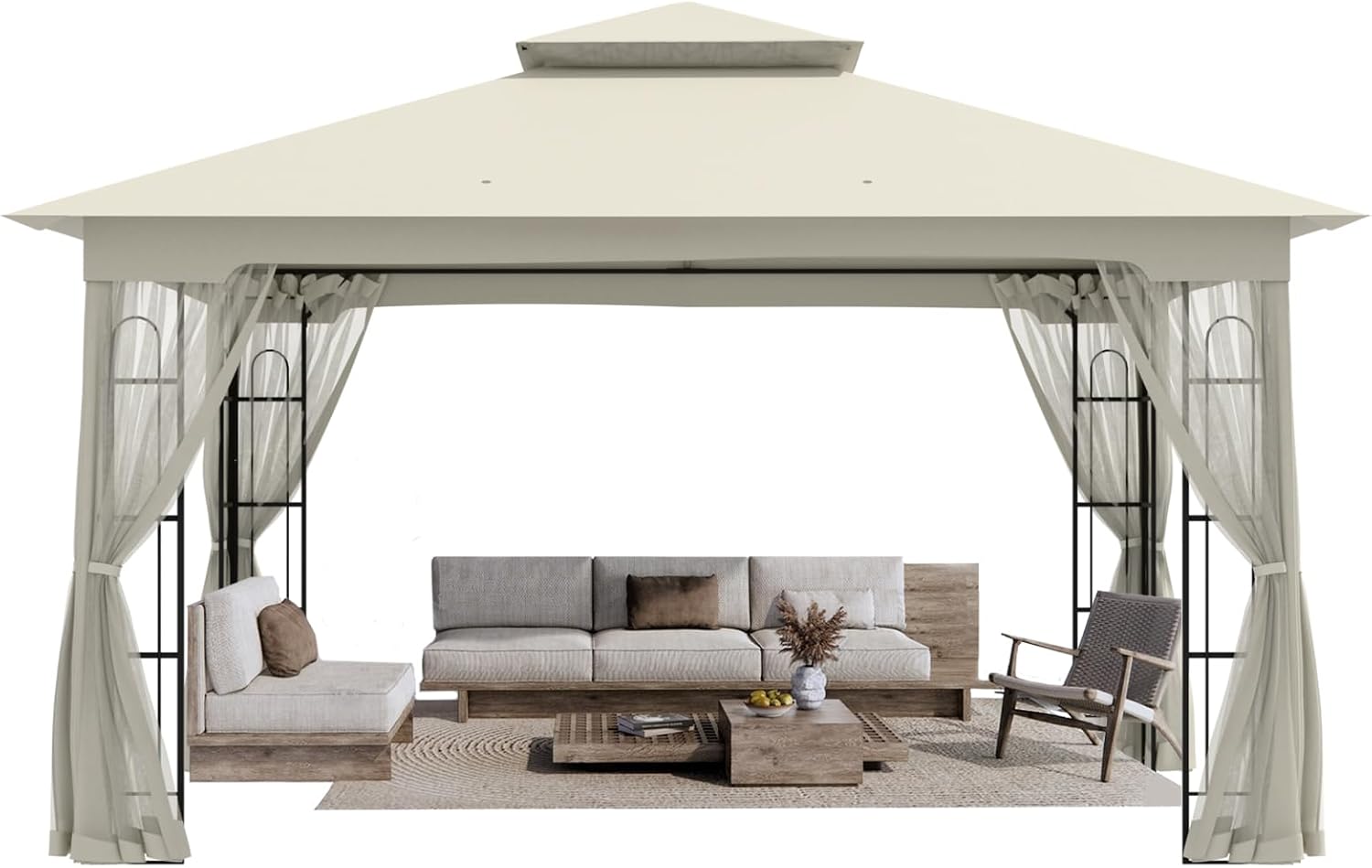 10x12 Outdoor Gazebo Tent with Netting, Double Roof Patio Gazebo with Soft Fabric Top, Outdoor Pavilion for Backyard Patio Garden Lawn, Beige