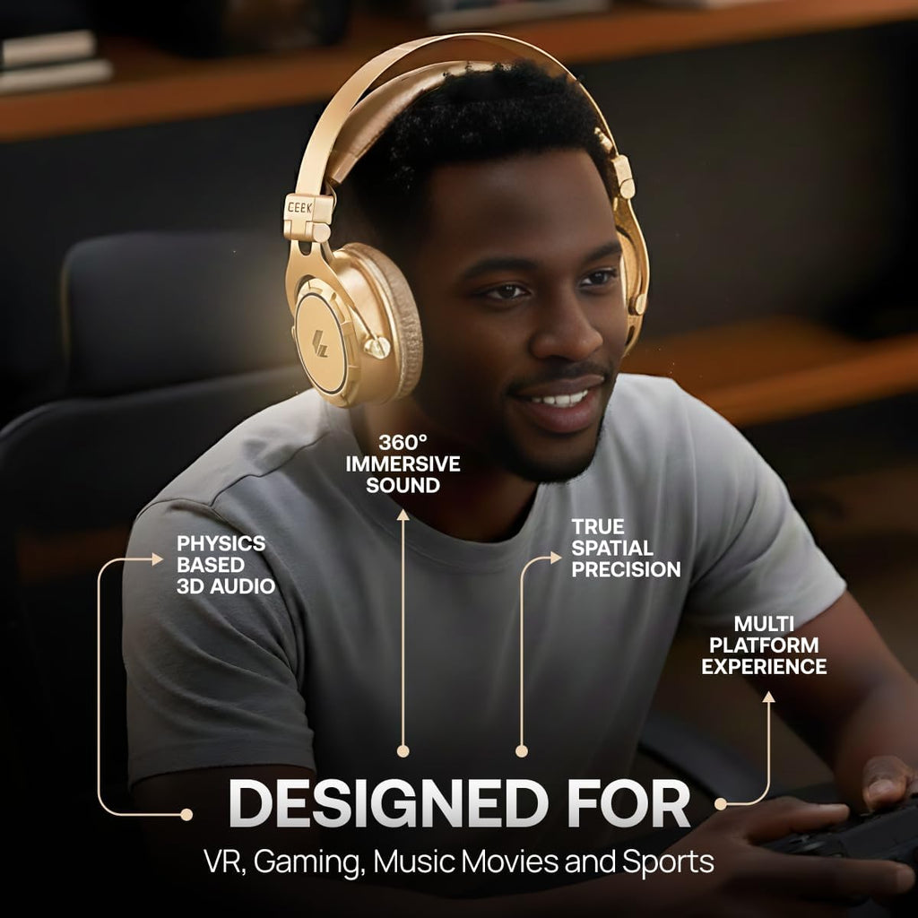 CEEK Wireless Bluetooth Headphones Over Ear with Noise Cancelling, 360° Surround Sound, Foldable Design & Detachable Mic - Headphones for Gym, Gaming, Music & Travel with Earth Shaking Bass - Gold.