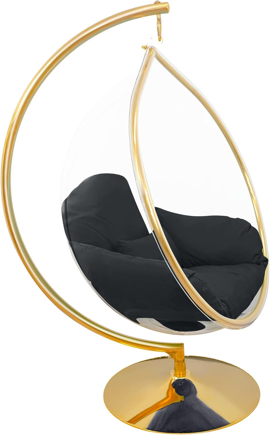 Hanging Chair - Transparent Acrylic Bubble, Waterdrop Shape, Indoor Swing Chair with Gold/Chrome Stand, Durable Fabric Cushion - Luxury Accent for Living Room, Bedroom (Gold/Black)