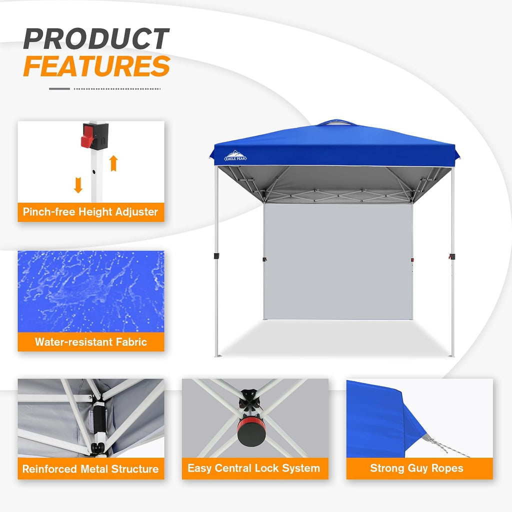 EAGLE PEAK Commercial Canopy 8x8 Pop Up Canopy Tent with 1 Sidewall, Easy Setup Heavy Duty Instant Event Shelter for Vendors & Markets, Outdoor Sun Shade, Blue