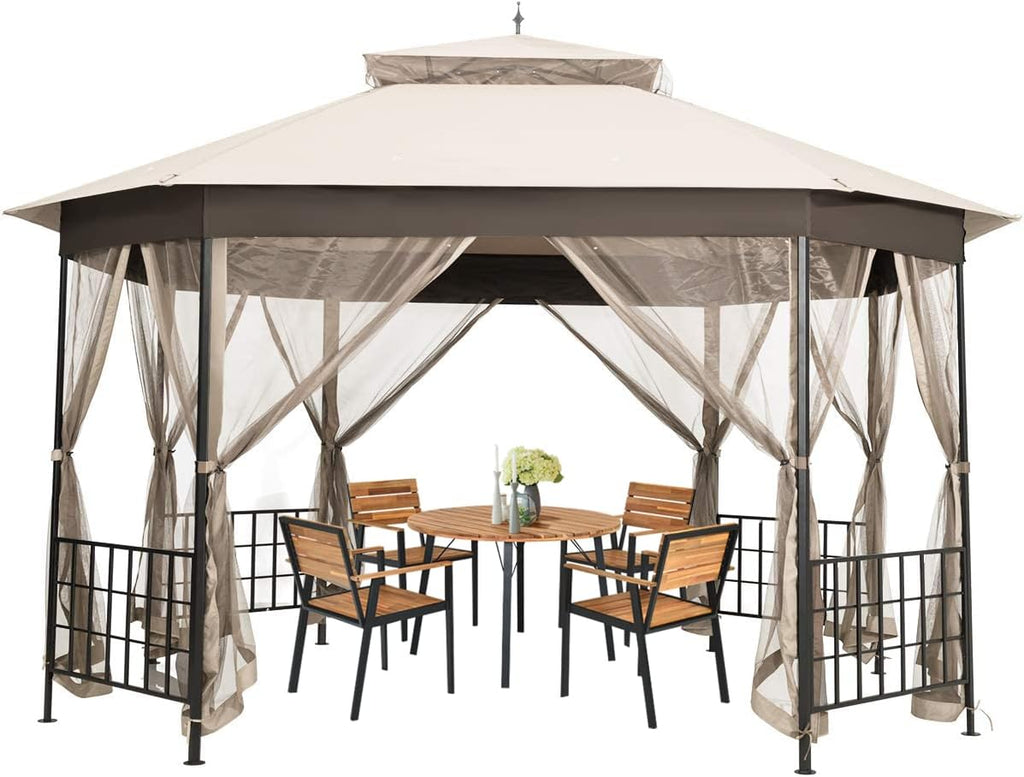 Tangkula 10 x 12 Ft Patio Gazebo, Heavy Duty Octagonal Canopy Gazebo w/Netting Sidewalls and Sturdy Steel Frame, Double Roof Vented Gazebo Canopy Shelter for Backyard Event Party BBQ (Beige)