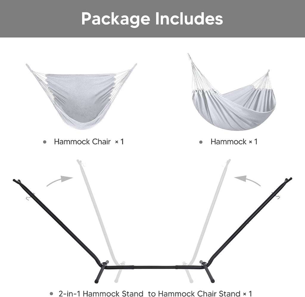 SUNCREAT 2-in-1 Convertible Extra Large Hammocks with Stand, Heavy Duty 2 Person Hammock for Outside with Stand, Patented, Light Gray