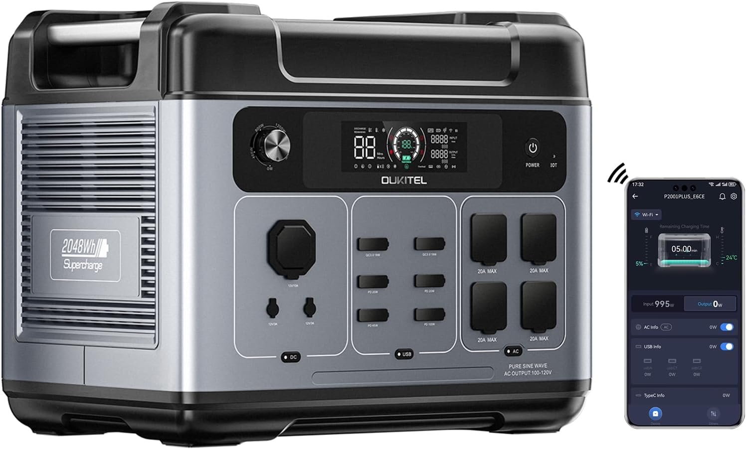 OUKITEL P2001 Plus 2400W Solar Generator, 2048Wh Solar power station(Solar Panel Optional), 1800W Fast Charging, Smart APP Control Emergency Power Station for Home, Camping, Outdoor Battery Backup