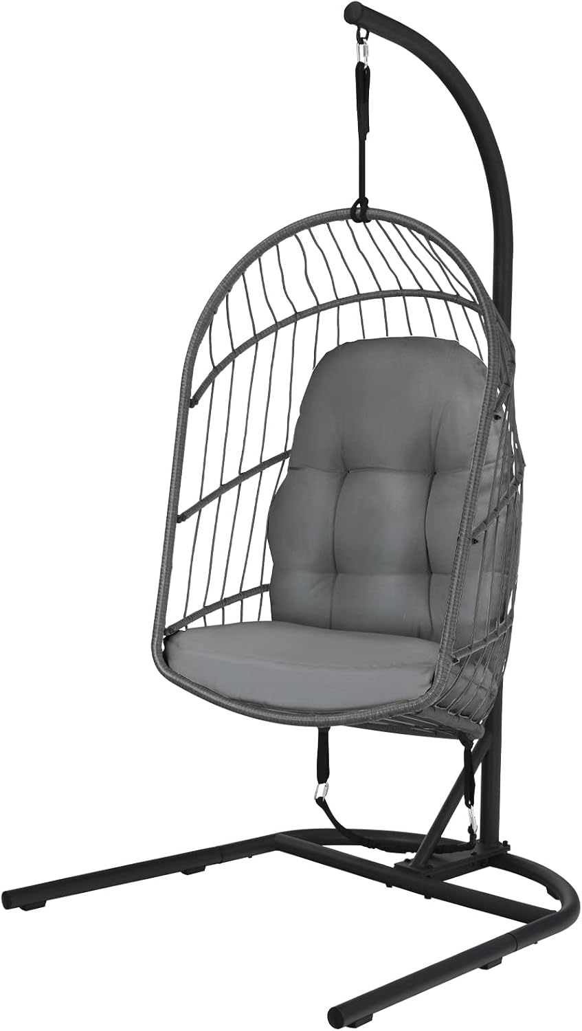 Giantex Hanging Egg Chair with Stand, Outdoor Indoor Foldable Swing Chair with Cushions, Rattan Hanging Basket Chairs with C Hammock Stand, Hanging Hammock Chair for Bedroom Balcony Patio (Grey)