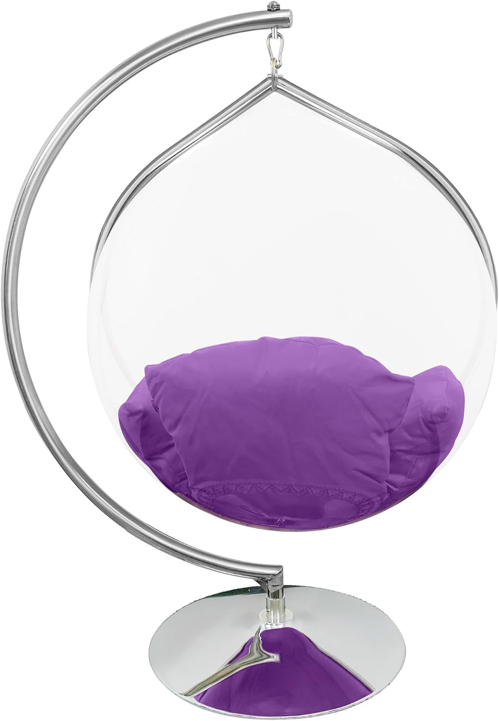 Hanging Chair - Transparent Acrylic Bubble, Waterdrop Shape, Indoor Swing Chair with Gold/Chrome Stand, Durable Fabric Cushion - Luxury Accent for Living Room, Bedroom (Chrome/Purple)