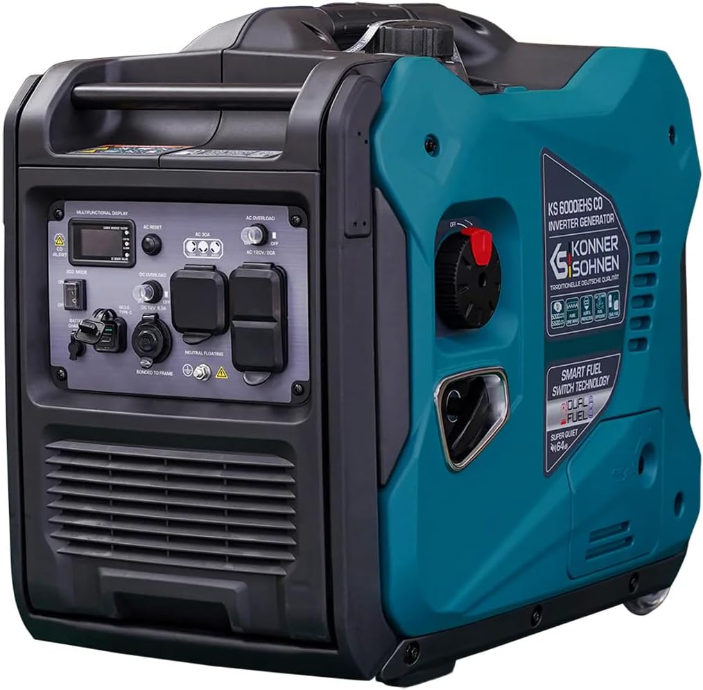 Konner&Sohnen Dual Fuel Inverter Generator - 6000W, 120/240V, Portable and Lightweight, Super Quiet with CO Sensor and Fuel-Efficient Technology, Gas & LPG Powered (German brand,model:KS 6000iEHS CO)