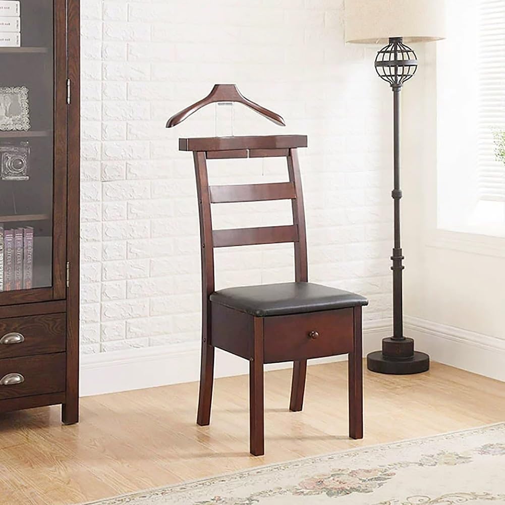 Chair Valet With Drawer Wooden Suit Valet Stand With Contour Hanger Trouser Bar And Top Storage Tray Freestanding Clothes Rack For Men And Women Clothing Organizer For Office Hotel(Dark Brown A)