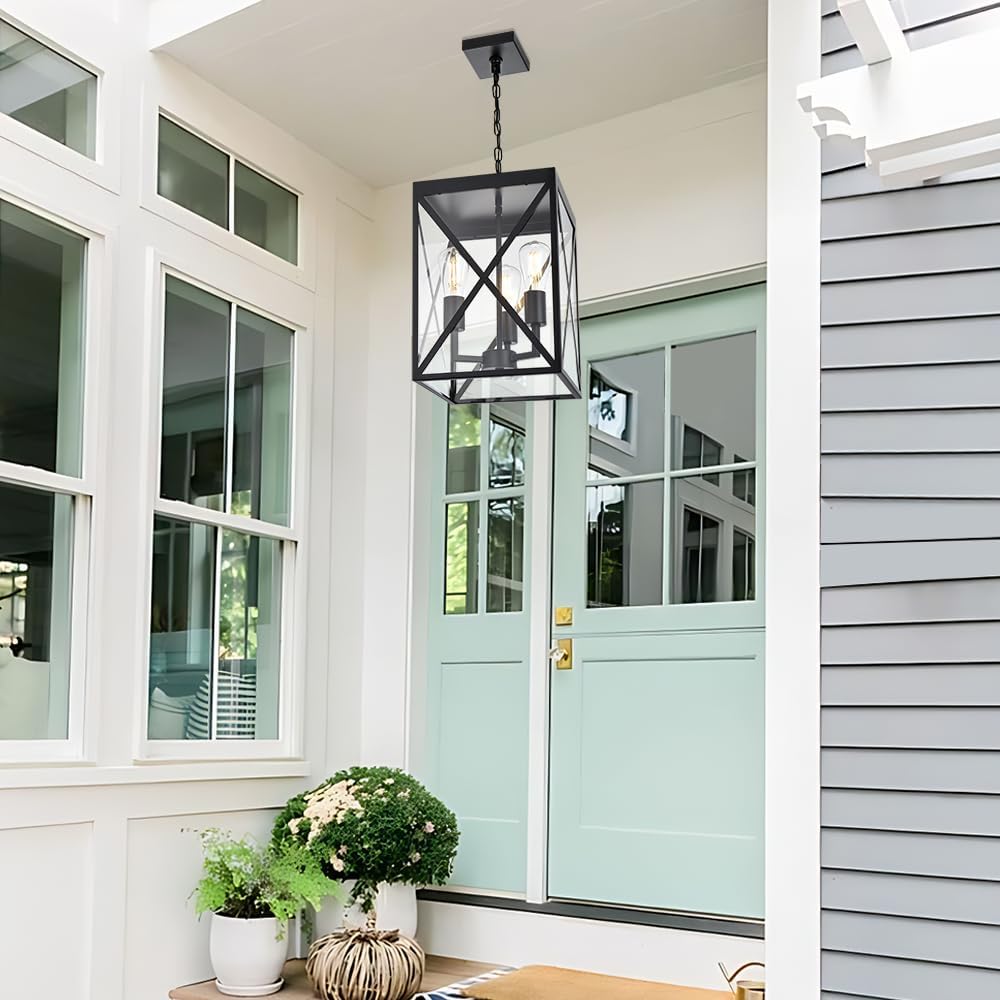 TODOLUZ Large Outdoor Porch Light Adjustable Chain, 3-Lights Modern Outdoor Pendant Lighting in Matte Black Finish, Outside Ceiling Mount Lamp for House Front Door Porch Patio Entryway