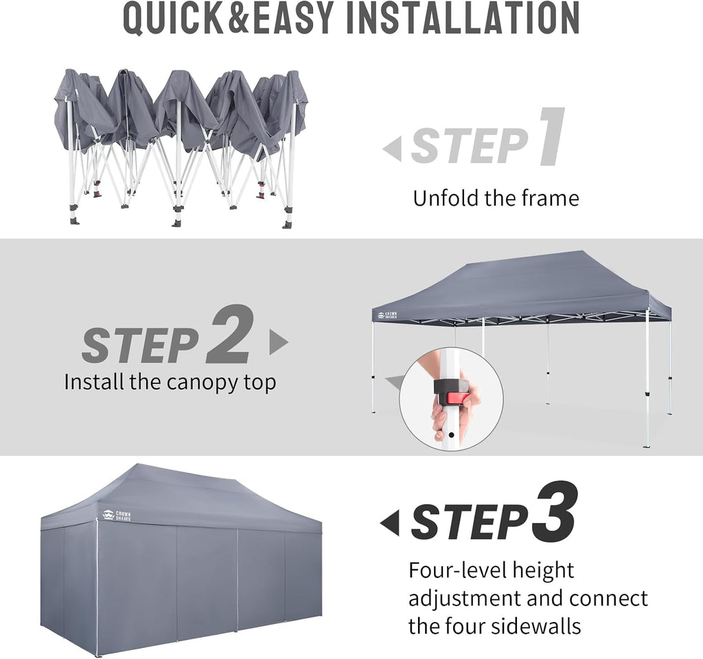 CROWN SHADES 10x20 Pop Up Canopy Tent, Thicken Frame Commercial Heavy Duty Tent, 4 Sidewalls 8 Stakes & 4 Sandbags & 4 Ropes, Outdoor Canopies for Events, Parties, Gray