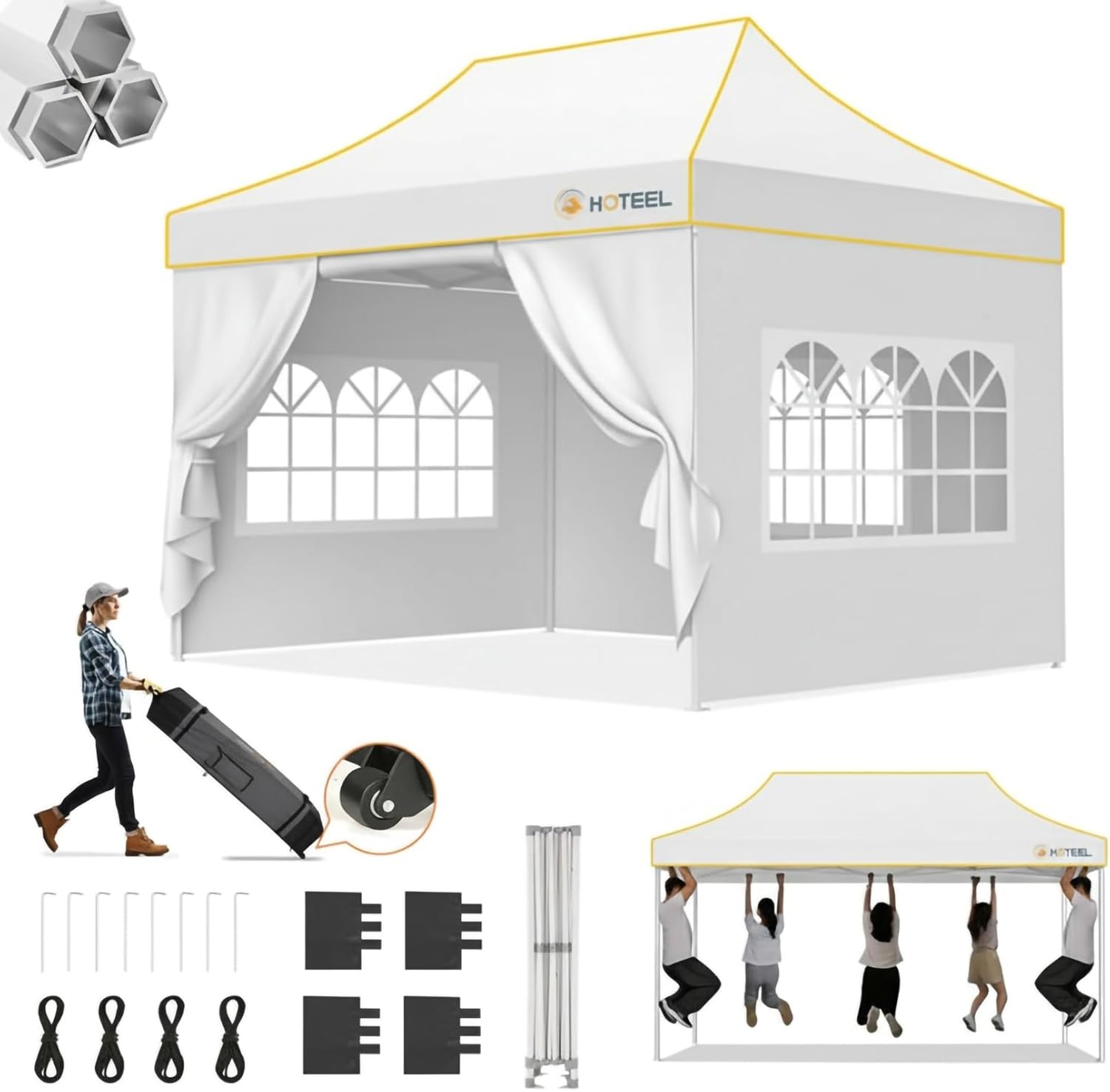 Hoteel 10x15 Pop Up Canopy Tent Heavy Duty with 4 Sidewalls, Waterproof Party Tent, Easy Set-up Commercial Instant Tents with Roller Bag & Sandbags, Hexagonal Leg (1-Year Warranty)