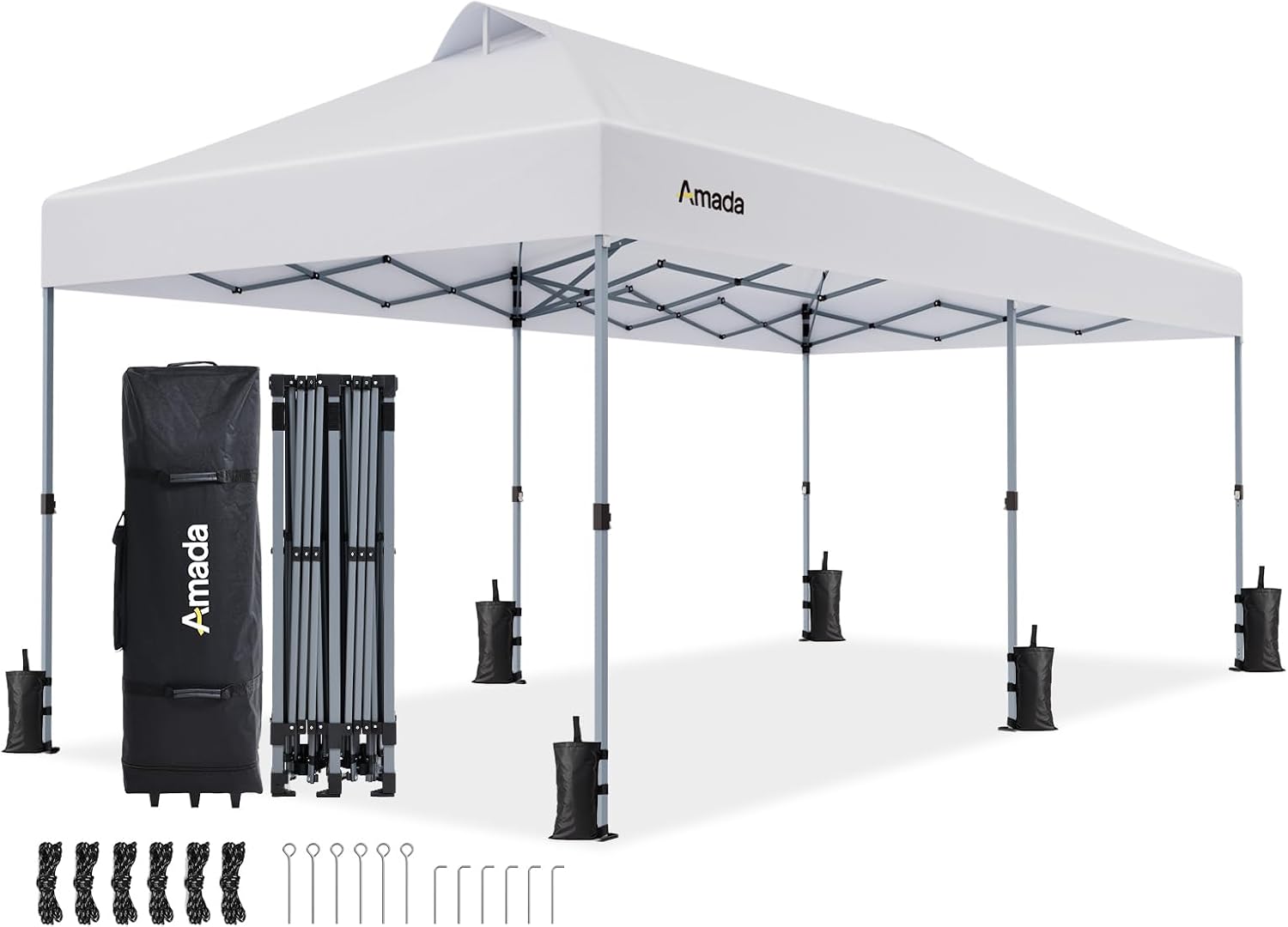 Amada 20x10 Pop Up Canopy Tent - Center Lock One Push Commercial Instant Canopies with 3-Height Adjustable & Wheeled Bag, 12 Stakes 6 Sandbags 6 Ropes, Great for Trade Shows, Events (20x10ft, White)
