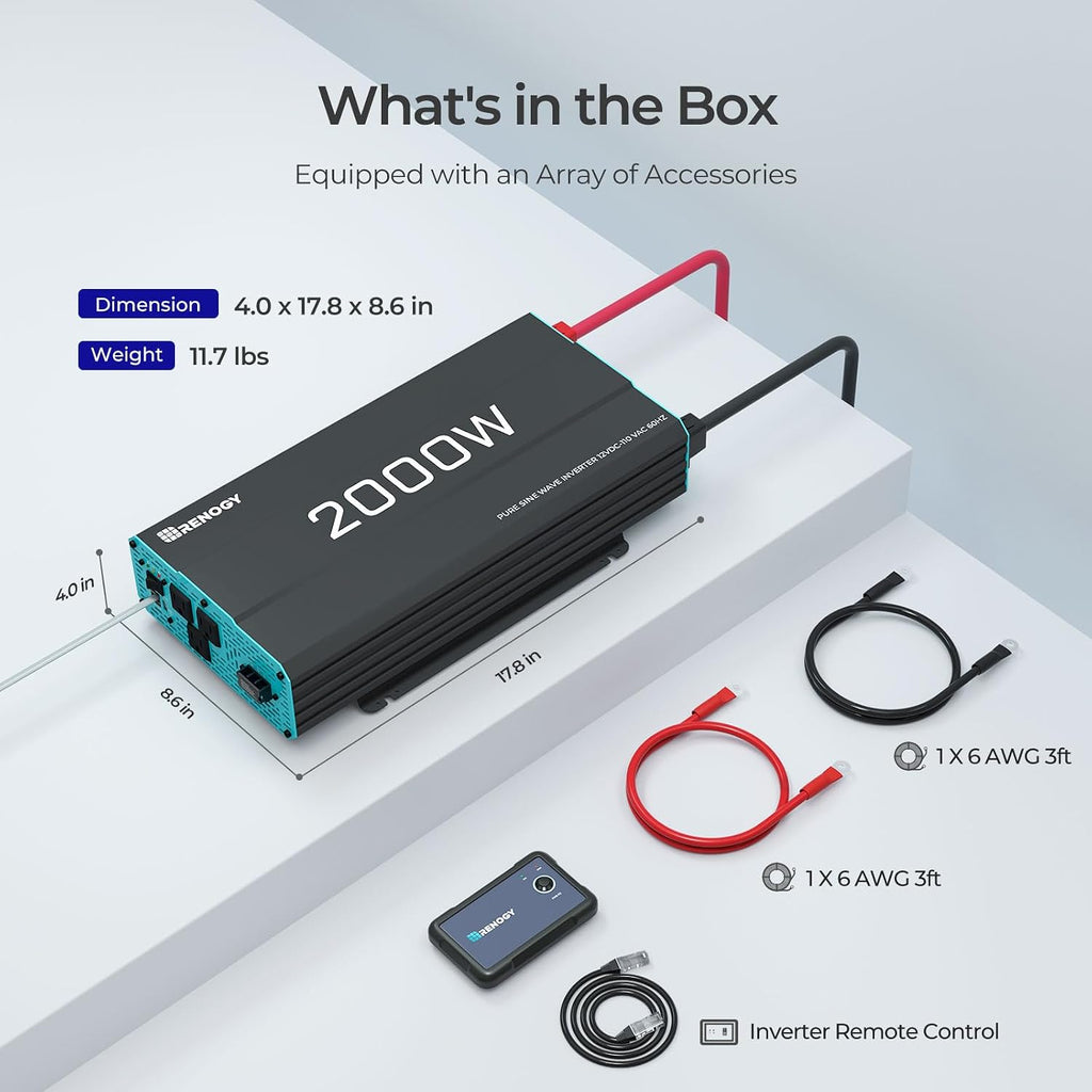 Renogy Inverter P2 2000W Pure Sine Wave Inverter 12V DC to 110V AC Converter, Off-Grid Solar Power Inverters for Vehicles, Truck, RV, Home, with Built-in 5V/2.1A USB / Hardwire Port, Remote Controller