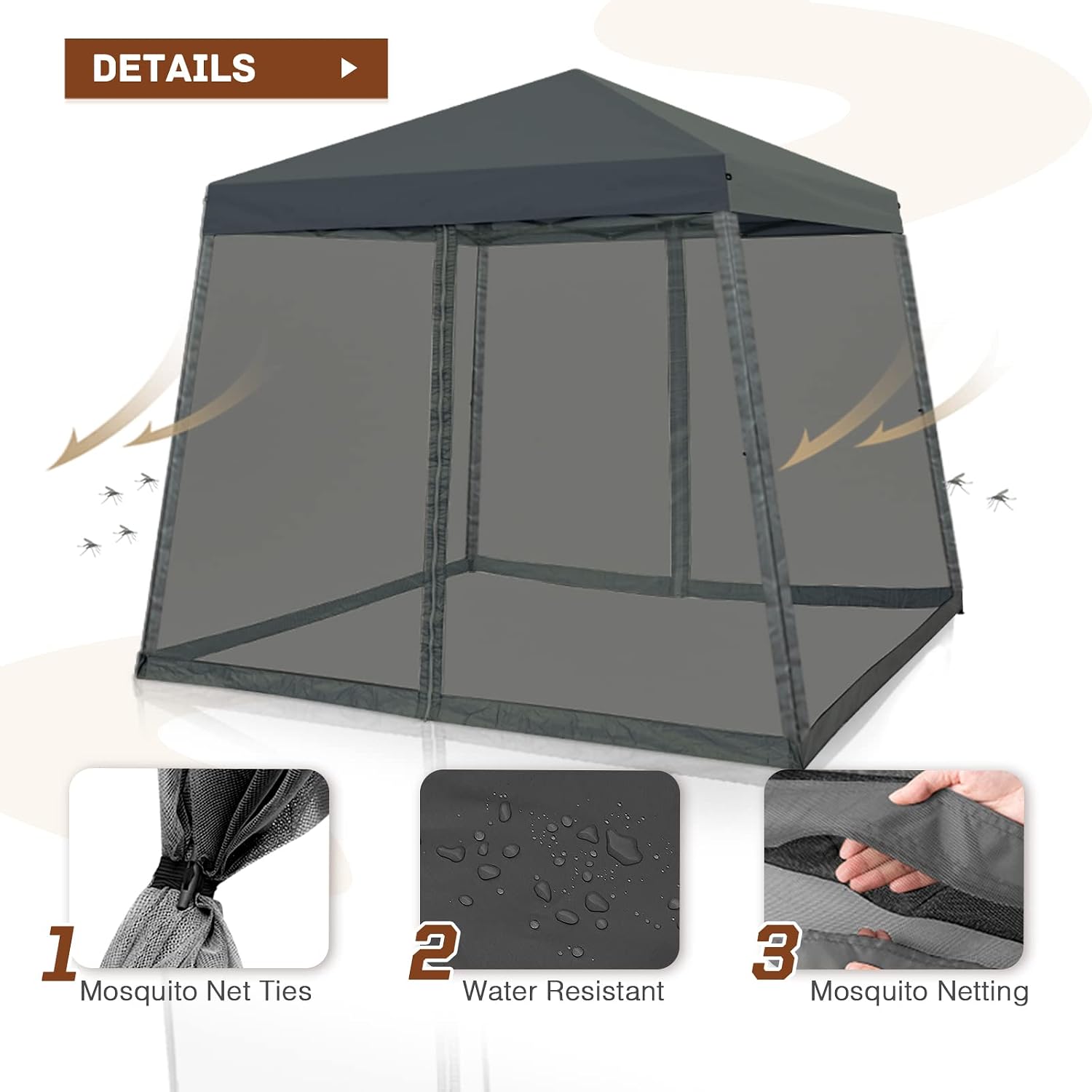 10x10 Pop Up Canopy Tent, Slant Leg Instant Screened Gazebo with Mesh Walls, UV Protection, Water Resistant, Gray