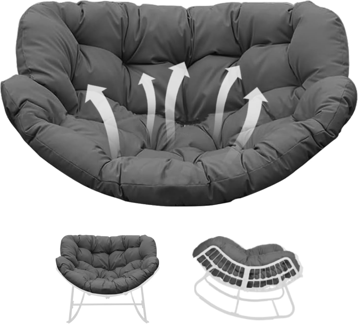 Thickened Waterproof Papasan Rocking Chair Cushion – 6.3'' Patio Egg Chair Pad with Ties, Outdoor/Indoor Rattan Hammock Chair Cushion for Porch, Garden, Balcony (Only Cushion) (Dark Grey)