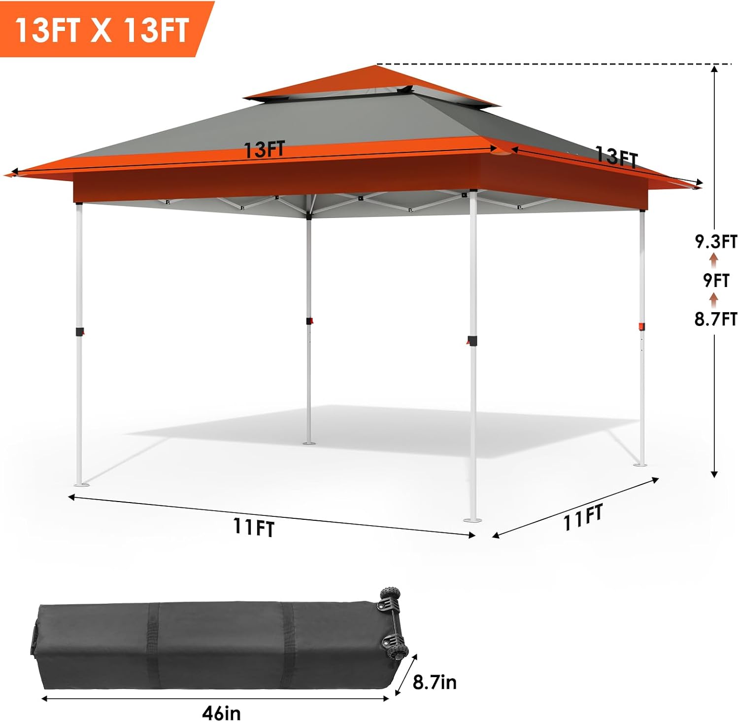 TLSUNNY 13X13 Pop Up Canopy Tent, Camping Shader W/Overhanging Eaves & Sand Bag, Outdoor Gazebo Shelter W/One Push Setup & Wheeled Bag, Height Adjustable, for Patio, Market, Party (Orange, 13FTX13FT)