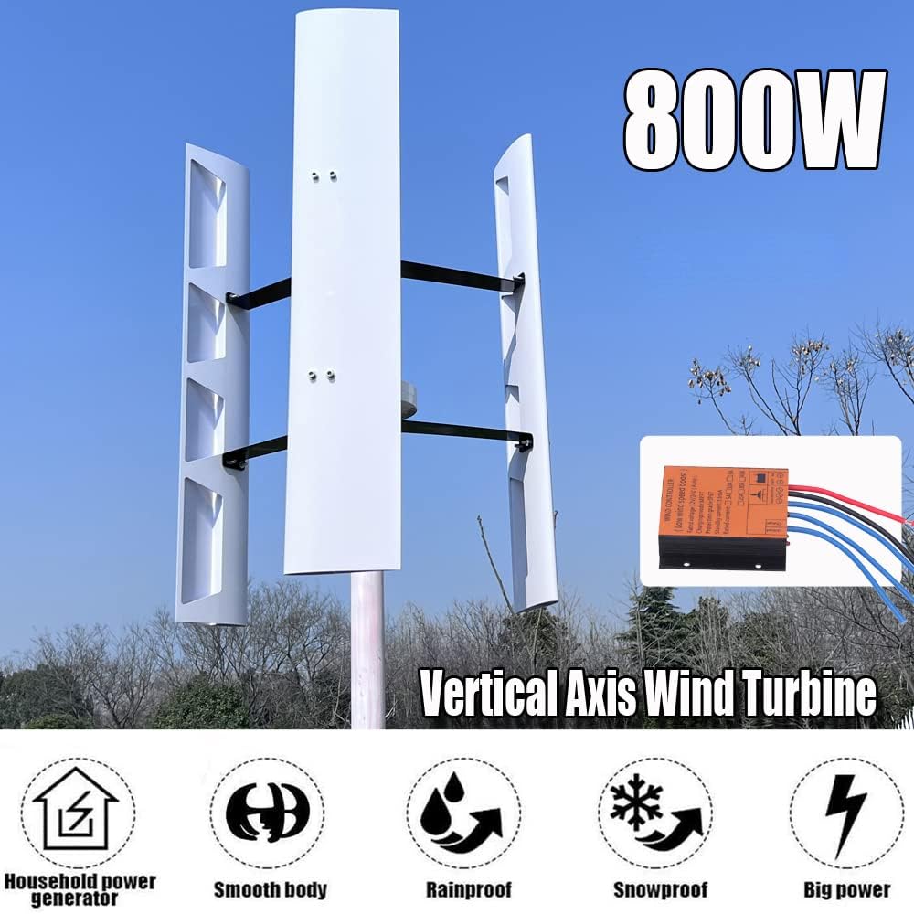 800W 24V Wind Turbine Generator VAWT 3 Blades Vertical Axis Wind Turbine Kit 2m/s Low Wind Speed Starting Wind Power Generator with MPPT Controller for Home Industrial Camping Boat Use