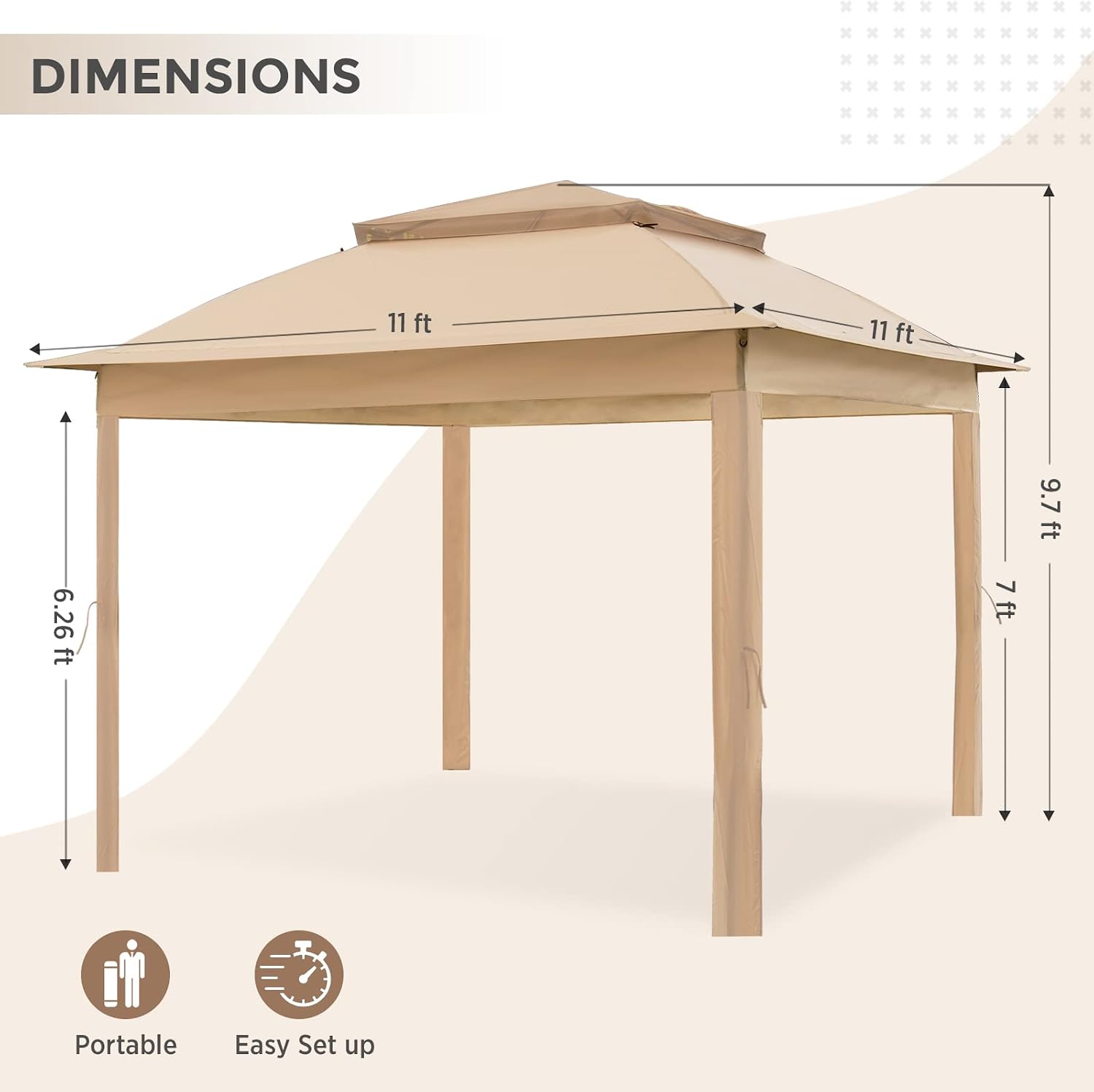 COOS BAY 11x11 Replacement Gazebo Top with Air Vent Sunshade Polyester Top Cover Only, Khaki