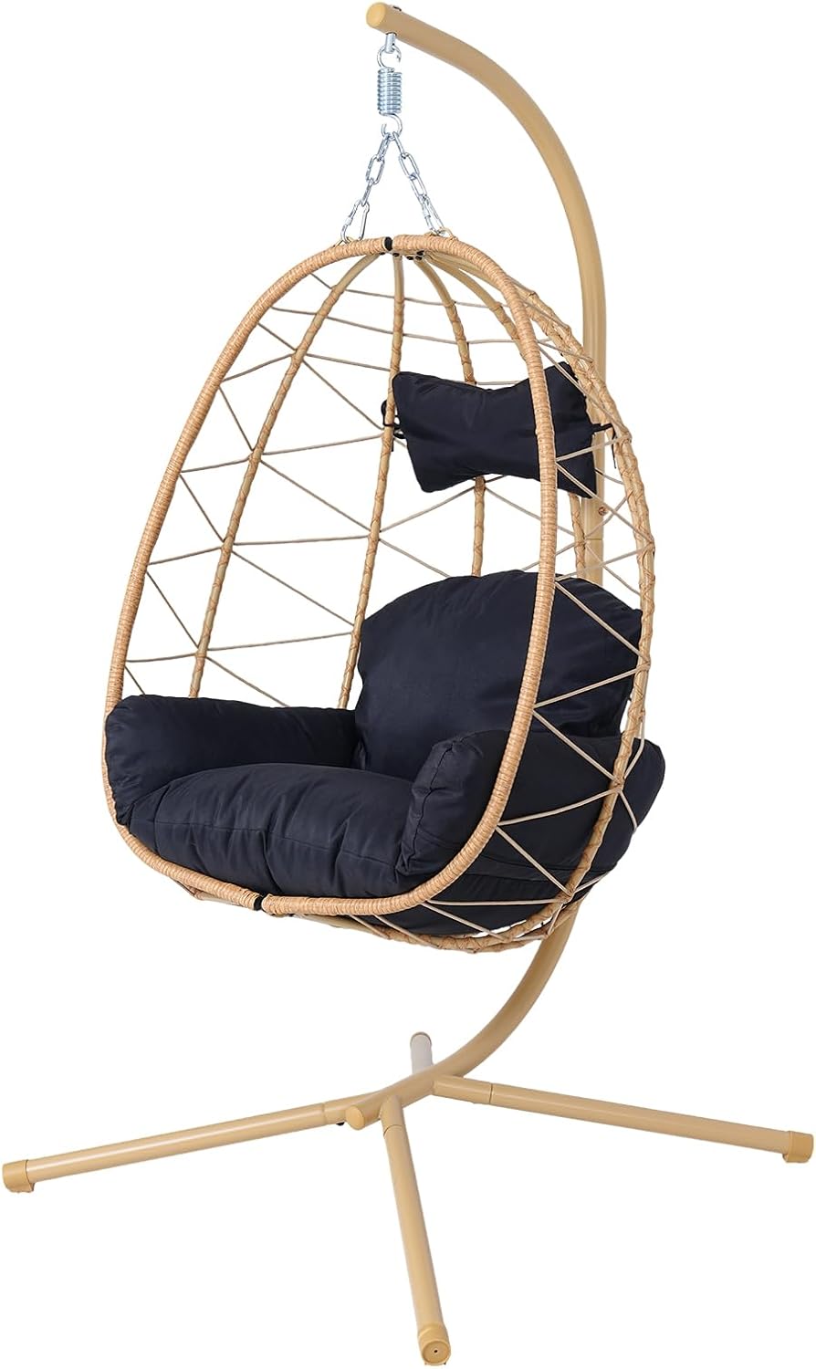 Egg Chair with Stand, Wicker Hanging Chair for Outdoor Patio, Cushioned Hammock Swing for Bedroom Garden Indoor/Outdoor, Double-Zipper Structure Hanging Egg Chair (Yellow Frame and Black)